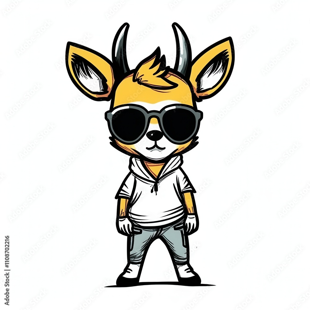 Fototapeta premium Stylish cartoon deer character wearing sunglasses and a casual outfit, exuding confidence and cool vibes.