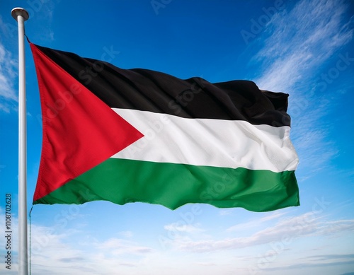 Palestine flag waving in the wind against a blue sky background photo