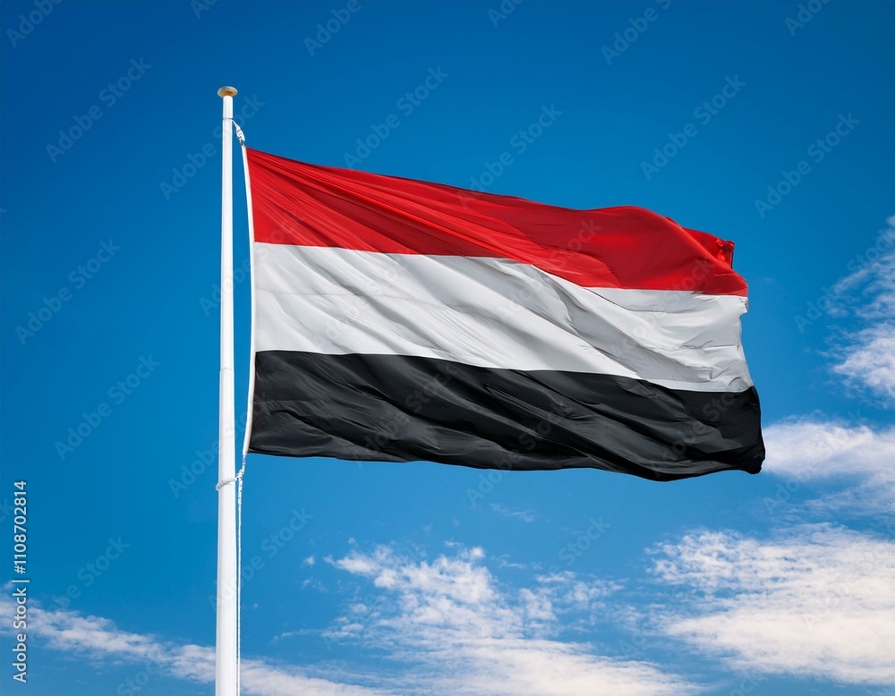 Yemen flag waving in the wind against a blue sky background Yemen flag waving in the wind against a blue sky background