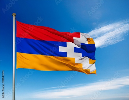 Nagorno Karabakh flag waving in the wind against a blue sky background photo