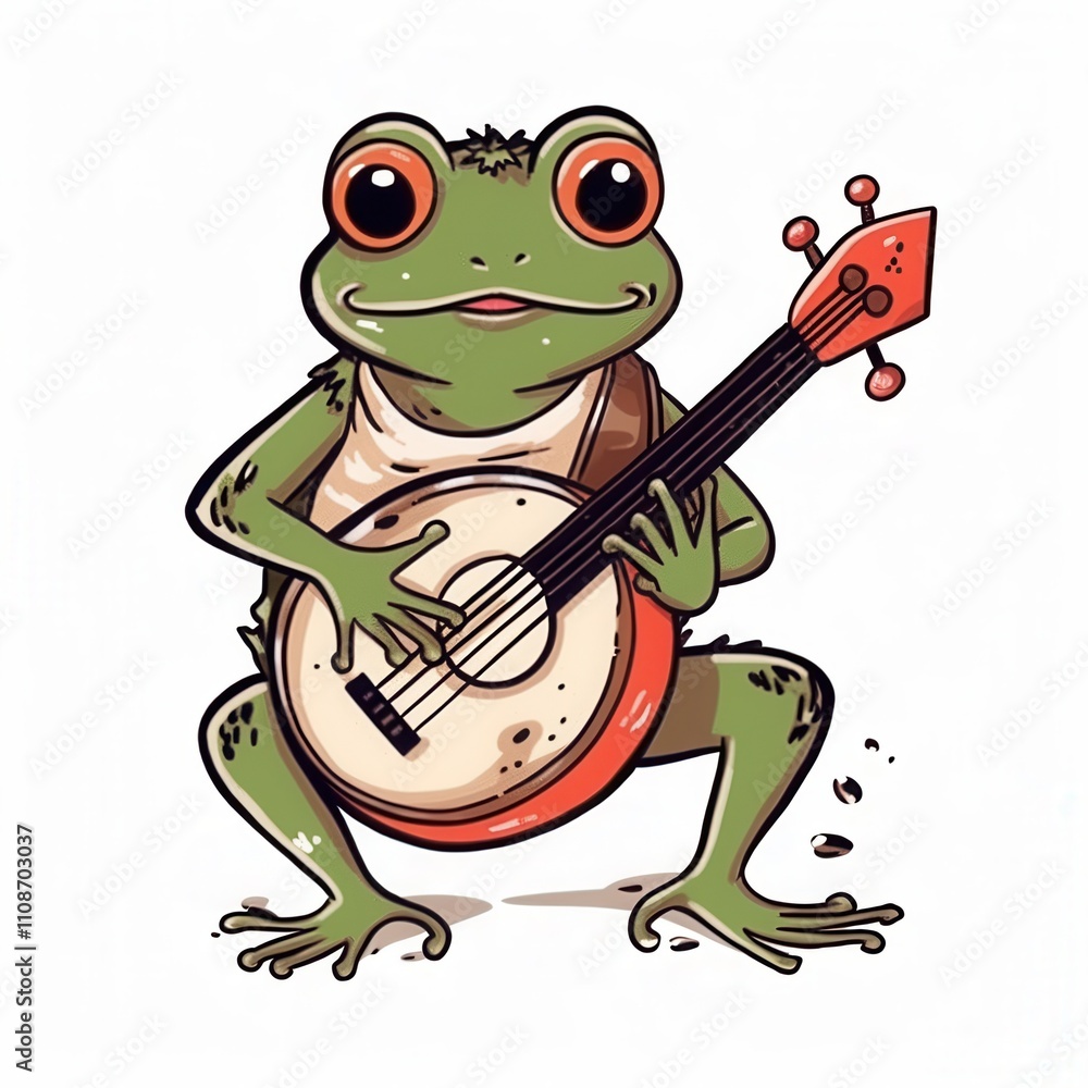 Obraz premium A cheerful cartoon frog playing a banjo, showcasing its vibrant features and playful spirit.