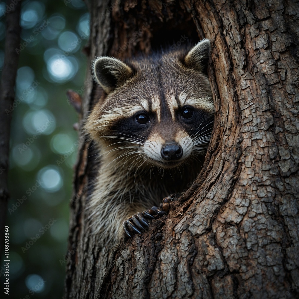 A raccoon peeking out of a hollow tree in a moonlit forest.
A raccoon peeking out of a hollow tree in a moonlit forest.