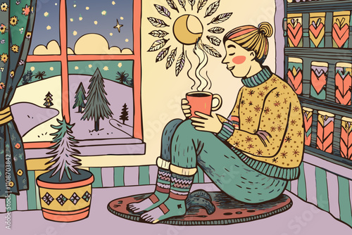 Cozy Winter Evening with Woman Enjoying Hot Beverage by Window
