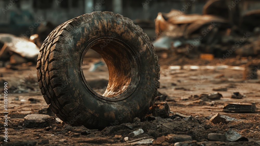 Fototapeta premium An image of a damaged car tire with a visible puncture