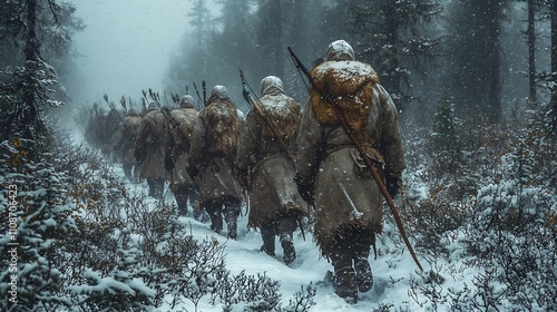 Group of Smi hunters furlined cloaks tracking game through a snowy forest their figures blending seamlessly into the winter landscape photo