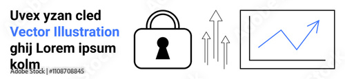 Padlock representing security, upward arrows indicating growth, and a rising line graph on display connote progress. Ideal for business growth, data security, financial success, market trends