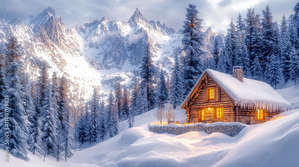 A cabin in the woods with a fireplace and a window. The cabin is surrounded by snow and mountains. The scene is peaceful and serene, with the cabin providing a warm and cozy atmosphere A cabin in the woods with a fireplace and a window. The cabin is surrounded by snow and mountains. The scene is peaceful and serene, with the cabin providing a warm and cozy atmosphere