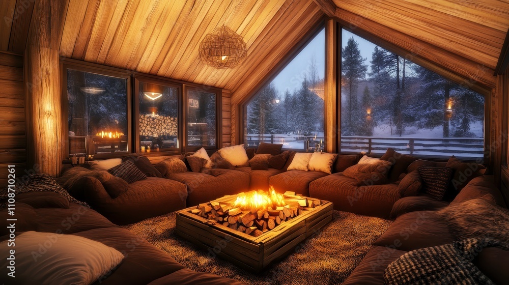 Cozy Cabin Living Room with Warm Fire Cozy Cabin Living Room with Warm Fire