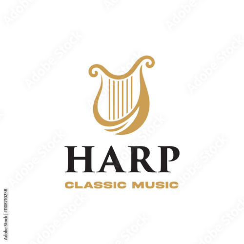 Classic Golden Harp Music Instrument Logo Design