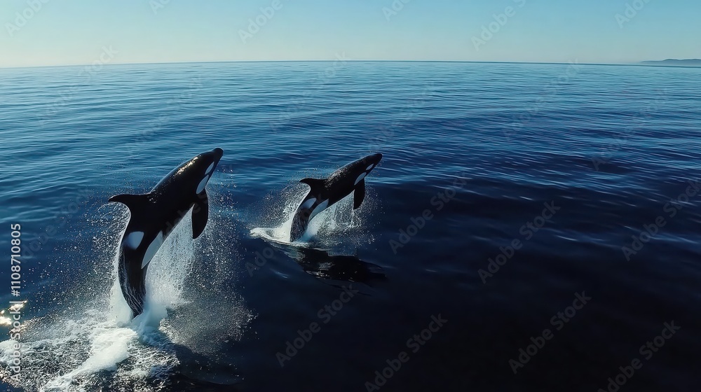 Obraz premium Orcas emerge from the tranquil waters, showcasing their strength and playful nature as they leap gracefully into the air. The scene captures the beauty of marine life at dawn.