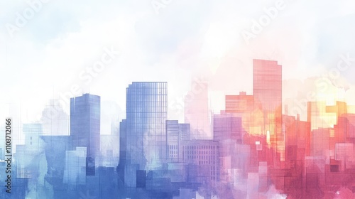 A watercolor skyline where pixelated windows and structures break through the soft washes of color for a modern urban look photo