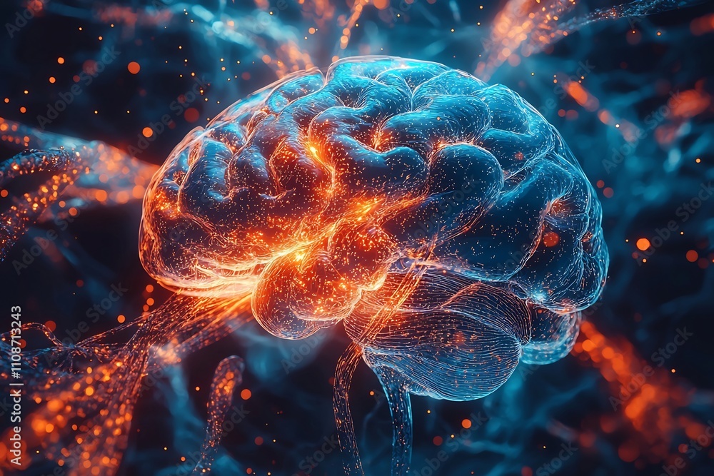 Fototapeta premium Glowing Cerebral Brain with Highlighted Neural Connections and Cosmic Sparks