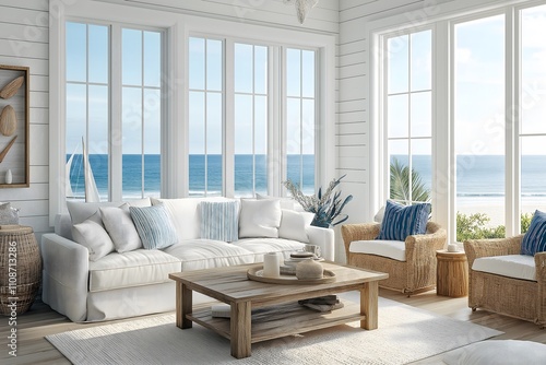 Coastal style living room with whitewashed furniture, nautical decor, white sofa and ocean views. Interior design, 3D render, Home decoration