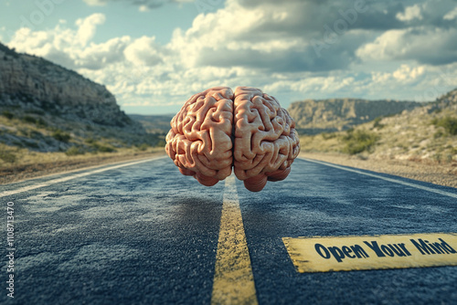 Unique brain sculpture on a deserted road encourages open-mindedness in a vast landscape photo