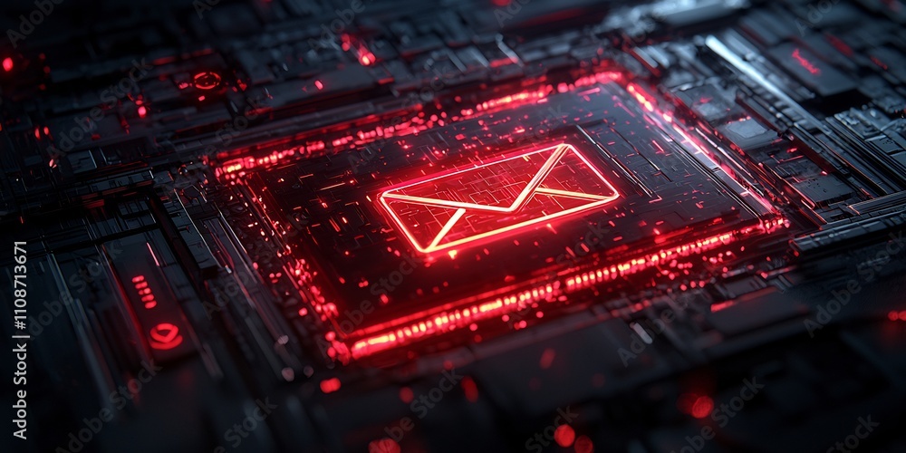 Obraz premium Glowing Red Email Notification Icon in Dynamic Digital Interface