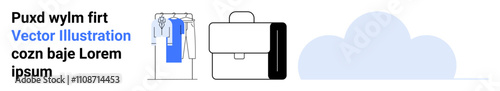 Clothes on a rack, briefcase, and cloud icon emphasize business organization and attire essentials. Ideal for professional attire, organization, office tools, cloud storage, business planning