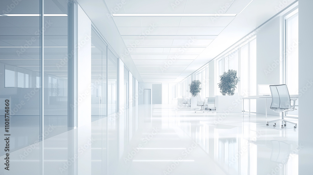 Obraz premium Modern and minimalist clean office space with white walls and floors, featuring a spacious and organized environment ideal for productivity, creativity, and professional work in a modern setting.