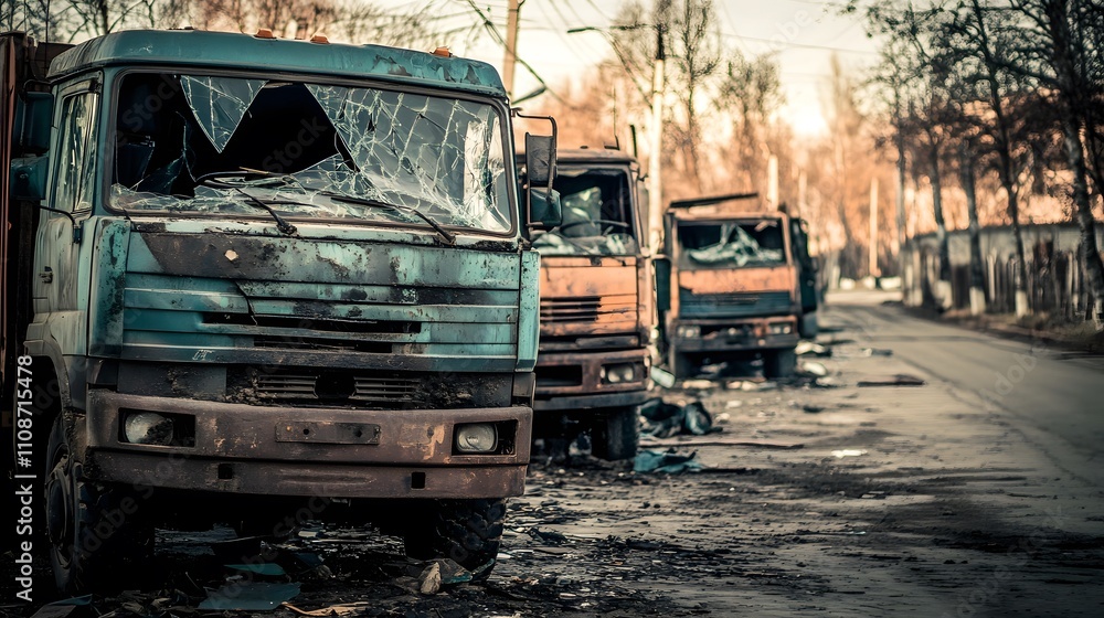 Empty damaged trucks scattered on a desolate street, symbolizing the aftermath of a crisis and the need for resilience and rebuilding. Empty damaged trucks scattered on a desolate street, symbolizing the aftermath of a crisis and the need for resilience and rebuilding.