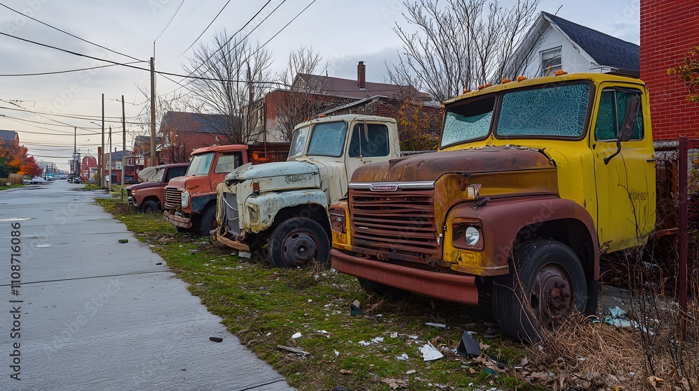Fototapeta premium Empty damaged trucks scattered on a desolate street, symbolizing the aftermath of a crisis and the need for resilience and rebuilding.