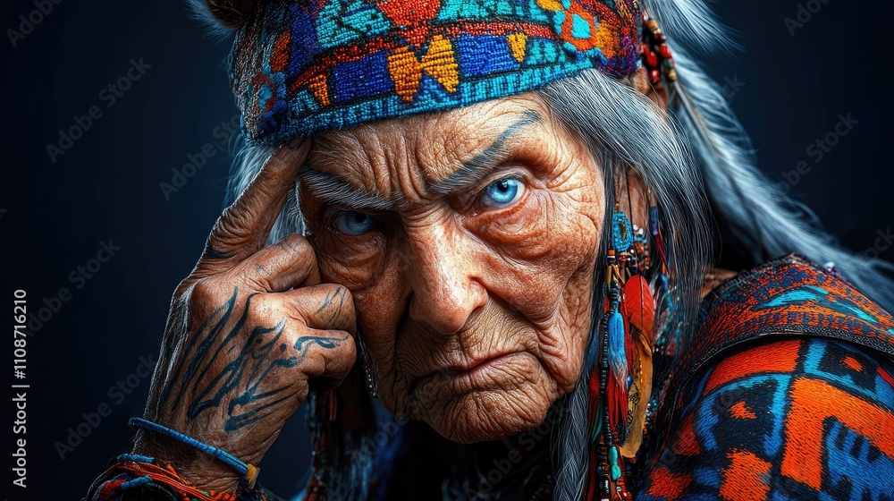 Obraz premium Elderly Person in Traditional Colorful Attire with Intricate Patterns and Intense Expression Against Dark Background