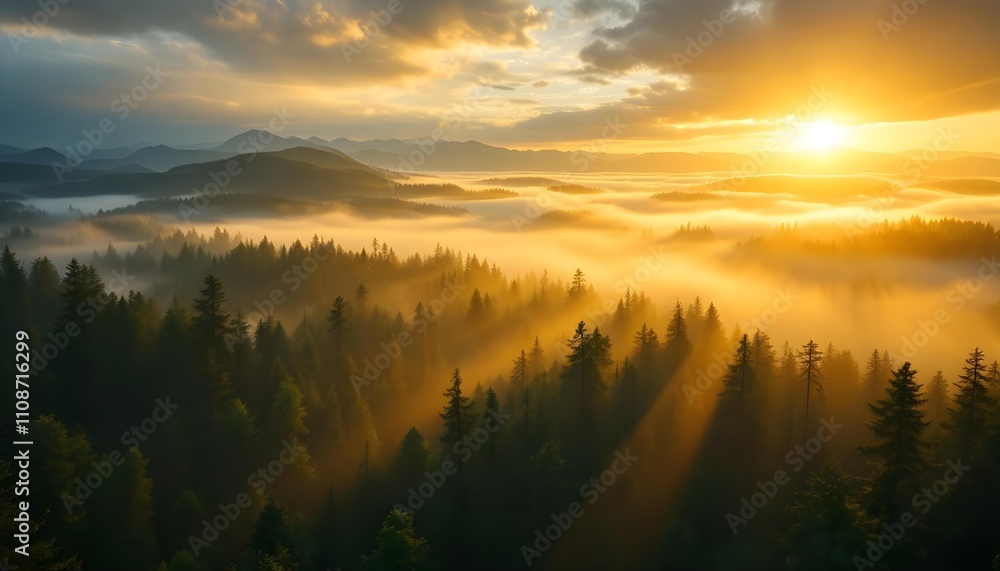 Fototapeta premium Majestic Sunrise Over Misty Forests: A Breathtaking Landscape of Trees and Mountains Illuminated by Golden Light