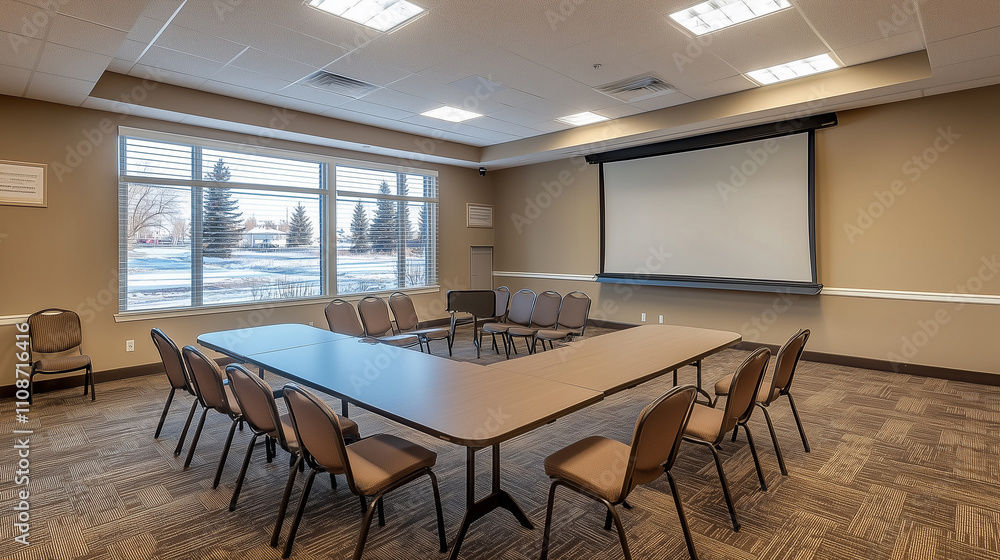 Fototapeta premium Modern empty business meeting room with rectangular table, chairs, partially lowered projector screen, large window with blinds, and natural light creating a calm and professional environment 