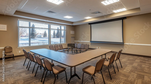 Wallpaper Mural Modern empty business meeting room with rectangular table, chairs, partially lowered projector screen, large window with blinds, and natural light creating a calm and professional environment  Torontodigital.ca