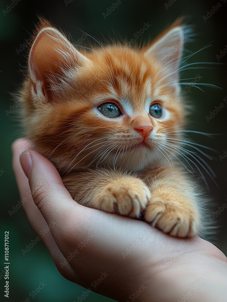 Obraz premium Cute orange kitten resting in a person's hand during a calm outdoor moment