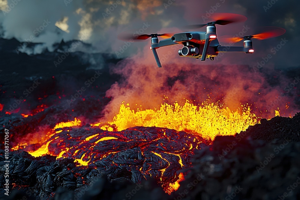Obraz premium Drone capturing erupting lava volcano location aerial fiery environment dynamic viewpoint nature concept