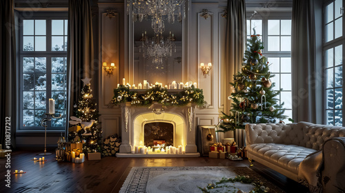 Wallpaper Mural Christmas evening by candlelight: Classic apartments with a white fireplace, decorated tree, sofa, large windows, and chandelier. Torontodigital.ca