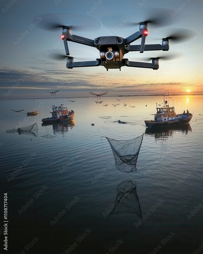 Naklejka premium Drone fishing in coastal waters aerial marine environment sunset view innovative technology