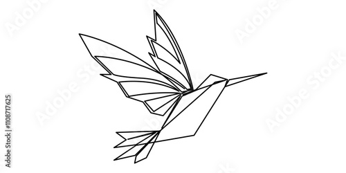 Single continuous line drawing of beauty funny origami paper form flying hummingbird. Traditional Japanese paper craft folding concept. Origami bird design.