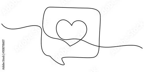 Single continuous line drawing two stacked callouts, one of which has a heart symbol. Expression of feelings. Praise, Romantic phone call with heart inside speech bubble icon vector, White pills.