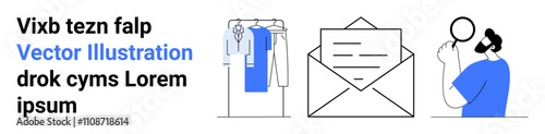 Clothes on a hanger rack, an envelope with a letter, person examining with magnifying glass. Ideal for business, communication, organization, fashion, inspection, email marketing professionalism