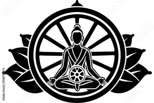 Symbol of Meditation and Enlightenment With Lotus and Dharma Wheel