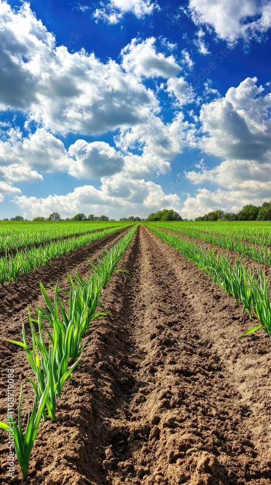 Vibrant Green Crops Growing in Neat Rows Under a Bright Blue Sky with Fluffy White Clouds in a Lush Agricultural Field Vibrant Green Crops Growing in Neat Rows Under a Bright Blue Sky with Fluffy White Clouds in a Lush Agricultural Field