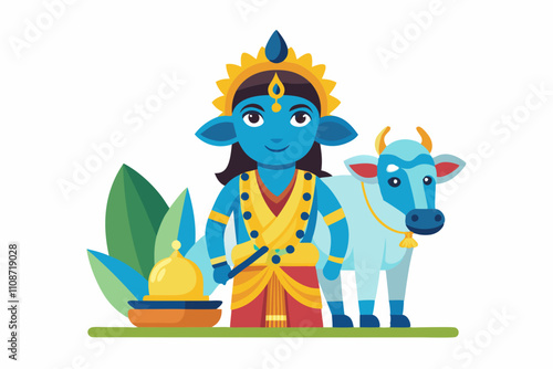 Colorful Illustration of a Divine Figure With a Cow in a Serene Setting