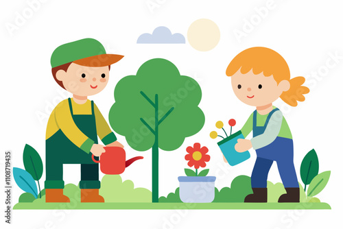 Children Engaging in Gardening Activities in a Sunny Outdoor Setting