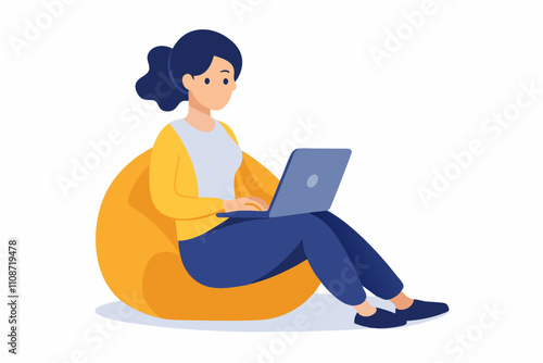 Woman Working on Laptop While Sitting on a Yellow Bean Bag in a Bright Setting