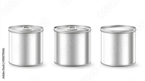 Round metal tin can for pet food, meat or fish isolated on white background. Vector realistic mockup of blank aluminum container with ring pull on lid and white label in front, top and bottom view