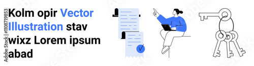 Contracts with blue check marks, person working on a laptop pointing at documents, keyring with keys. Ideal for business, office, security, communication, documentation, management, control. Landing