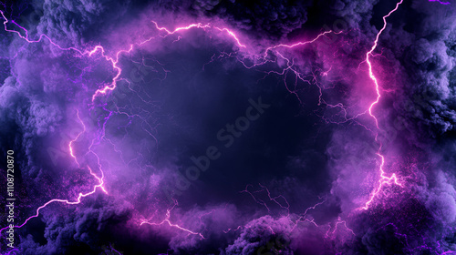 Frame from thunder lightning and purple smoke on dark background. Natural energy border with thunderbolt light or electric energy sparkle. Realistic 3d vector storm flash power or magic wizard bg.