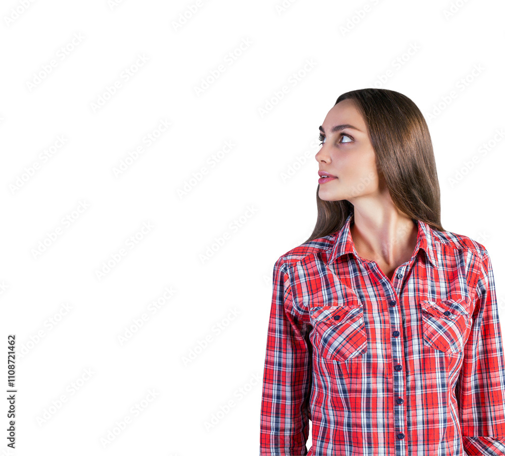 Woman in a red plaid shirt looking sideways, isolated on a white background. Closeup view. Perfect for presentation or design layouts Woman in a red plaid shirt looking sideways, isolated on a white background. Closeup view. Perfect for presentation or design layouts
