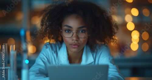 A woman in a lab coat, wearing glasses, looks intently at a tablet. Blurred lab equipment is in the background