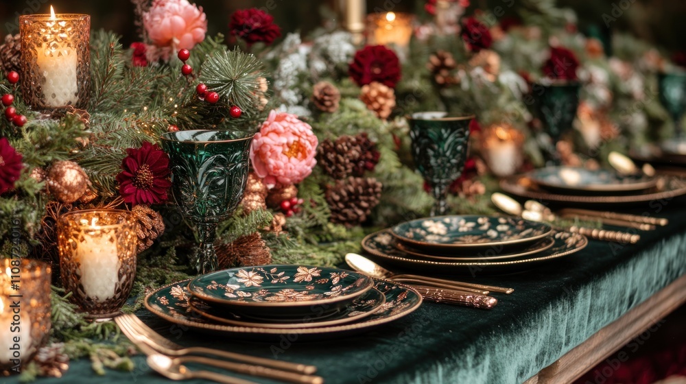 Here's a description and keywords for your stock photo.. Elegant Christmas table setting with dark green velvet tablecloth, gold cutlery, ornate plates, and lush floral centerpiece. Here's a description and keywords for your stock photo.. Elegant Christmas table setting with dark green velvet tablecloth, gold cutlery, ornate plates, and lush floral centerpiece.