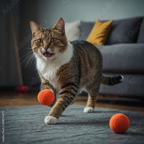 A playful cat pouncing on a hidden toy.

 photo