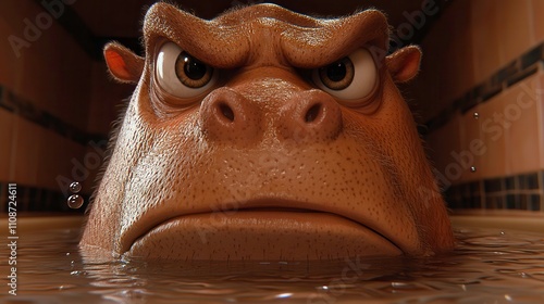 Intense emotion of an animated hippo underwater scene digital art close-up expressive character design photo