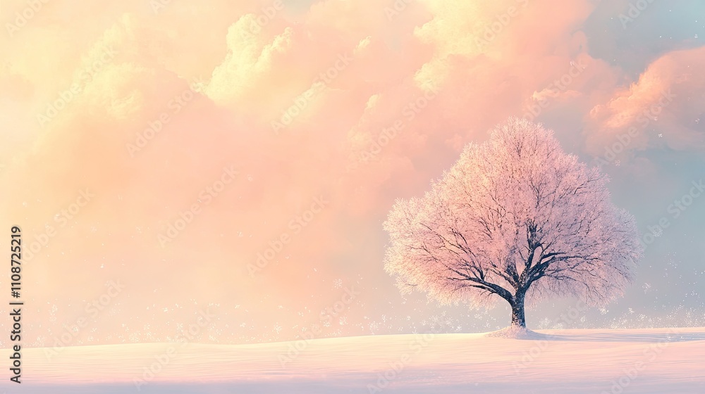 Serene Winter Landscape with Pink Tree Against Soft Cloudy Sky Serene Winter Landscape with Pink Tree Against Soft Cloudy Sky