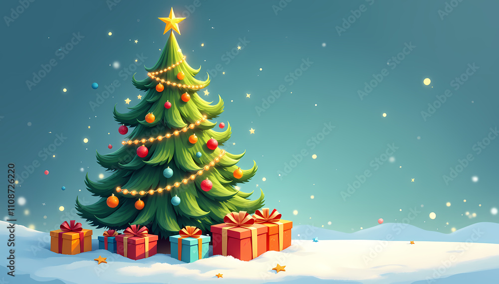 Obraz premium Decorated Christmas tree with gifts in a snowy landscape and starry sky