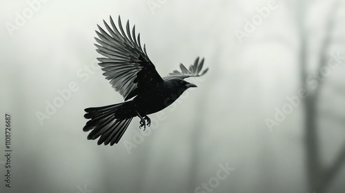 Black crow in flight, wings spread wide, monochrome, misty forest background. photo